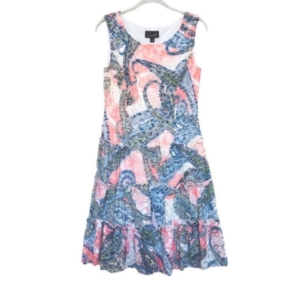 NEW Connected Apparel Lace Tiered Ruffle Dress Paisley Blue Salmon Pink Size 4P - Picture 1 of 11